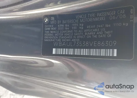 2008 BMW 128I z USA, uszkodzony, nr VIN WBAUL73538VE86309